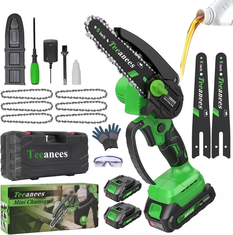 ANEES Small Hand Held Chainsaw 6 Inch,Mini Chainsaw Cordless, Battery Powered for Wood Cutting, Tree Trimming, Garden & Household Use Stocking Stuffers Gift for Men Dad Husband(2 Batteries) - Image 1